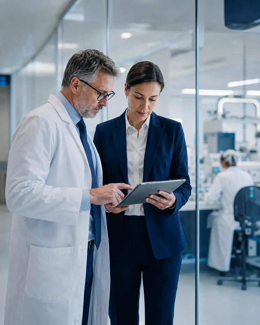 A clinical research physician and clinical operations professional reviewing trial information together.