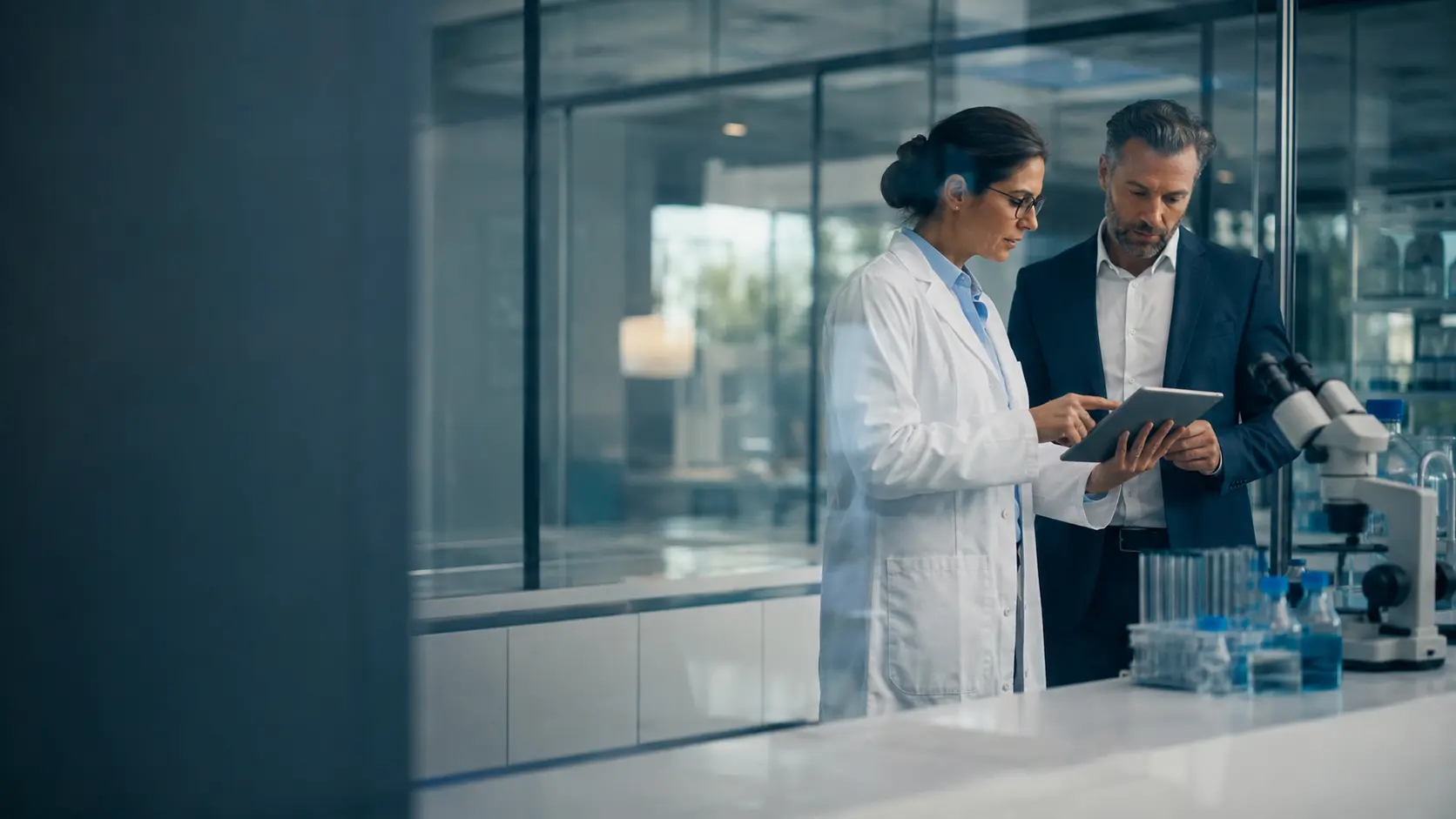 A scientist and a clinical strategy executive reviewing research data in a modern biotechnology laboratory.